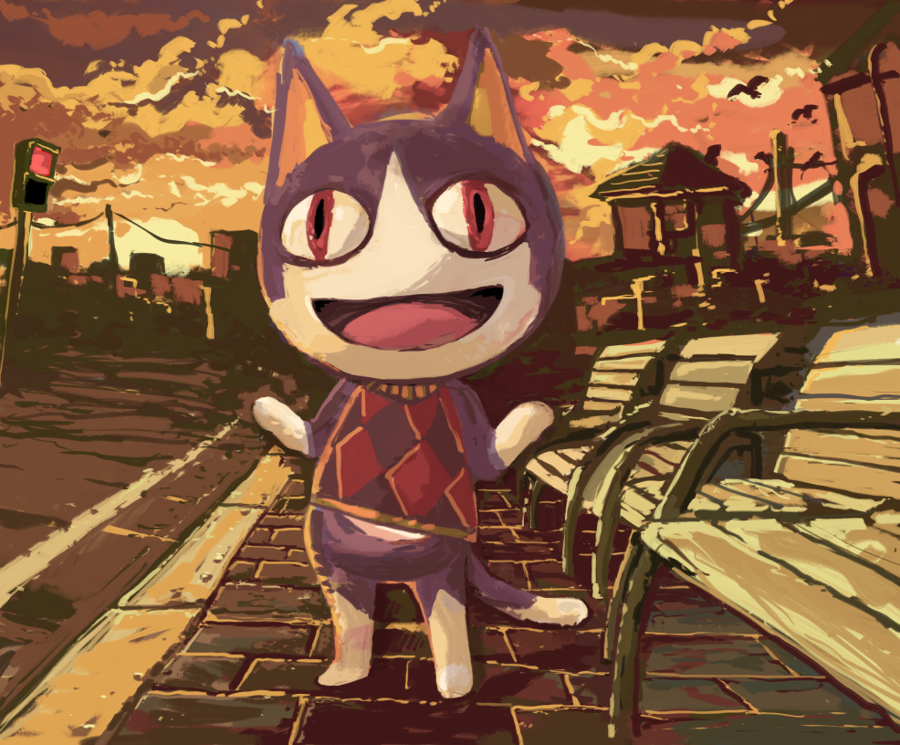 akurahi animal_crossing argyle argyle_sweater bench bird brick_floor building cat clouds cloudy_sky full_body furry looking_at_viewer open_mouth orange_sky outdoors painterly red_eyes rover_(animal_crossing) sky sleeveless_sweater solo standing stone_floor sun sunset sweater traffic_light utility_pole