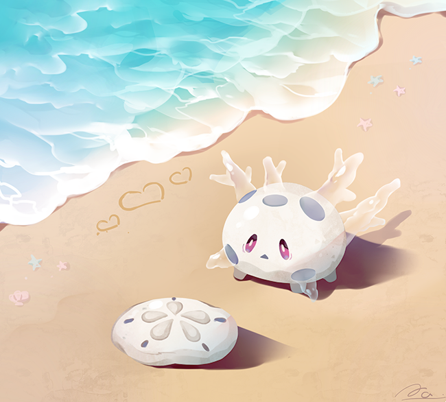 coco7 commentary day from_above galarian_corsola galarian_form gen_8_pokemon heart no_humans outdoors pokemon pokemon_(creature) sand shore signature starfish water