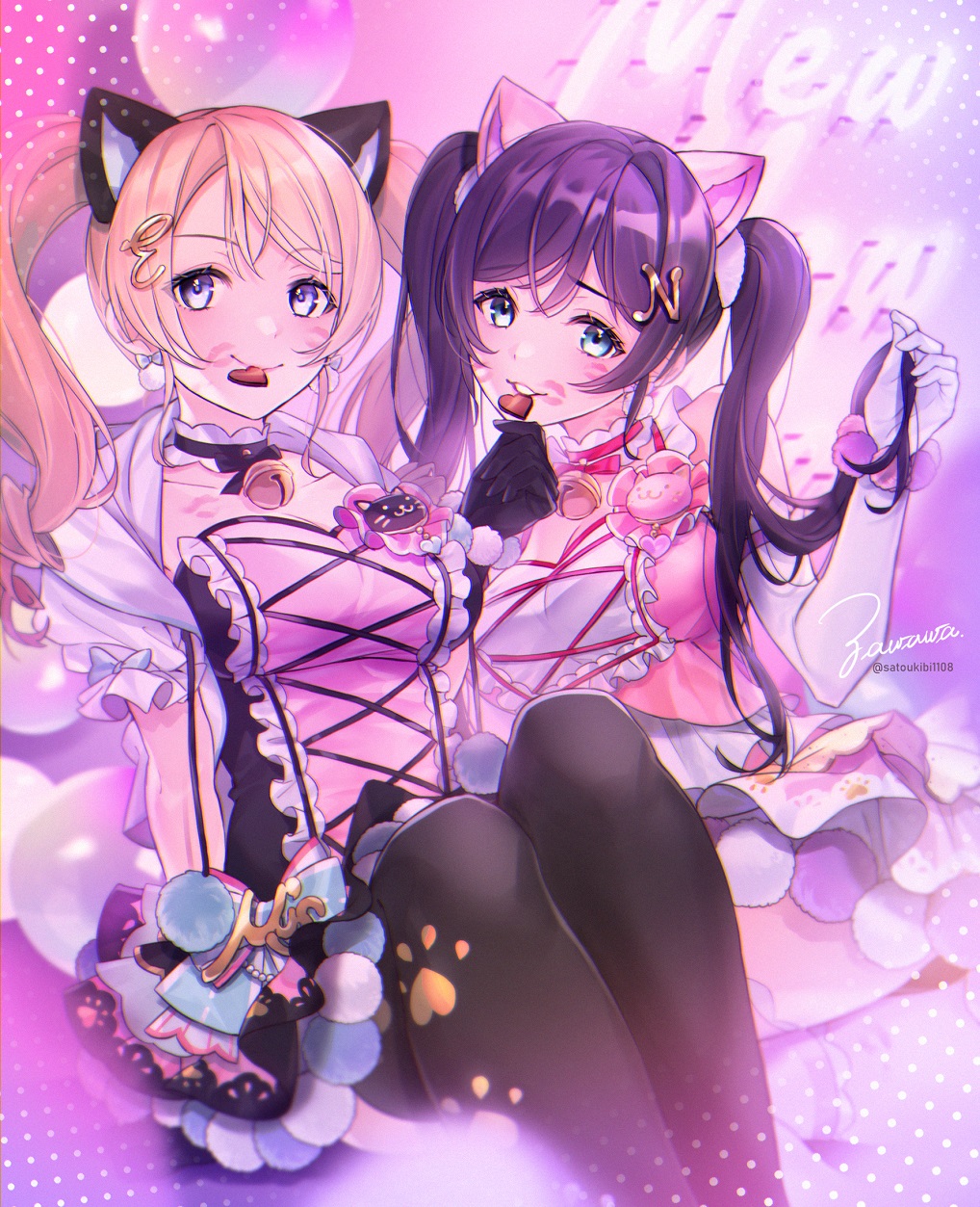 2girls after_kiss animal_ears ayase_eli bangs bell bell_choker black_legwear blonde_hair breasts cat_ears chocolate choker collarbone cross-laced_clothes cross-laced_top elbow_gloves eyebrows_visible_through_hair frills gloves hair_ornament highres large_breasts letter_hair_ornament lipstick_mark long_hair looking_at_viewer love_live! love_live!_school_idol_project mouth_hold multiple_girls purple_hair signature sitting smile swept_bangs thigh-highs toujou_nozomi twintails valentine white_gloves zawawa_(satoukibi1108)