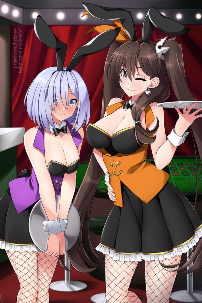 2girls animal_ears bangs black_legwear blue_eyes bow bowtie breasts brown_hair casino collar commission crown crown_hair_ornament death_end_re;quest detached_collar dress earrings facing_viewer fishnet_legwear fishnets frilled_dress frills hair_over_one_eye hand_on_hip height_difference holding holding_tray indoors jewelry large_breasts leaning_forward light_purple_hair lily_hopes lindaroze long_hair looking_at_viewer medium_breasts medium_hair multiple_girls one_eye_closed patreon_username rabbit_ears shina_ninomiya sleeveless smile tray twintails twitter_username violet_eyes watermark web_address wrist_cuffs