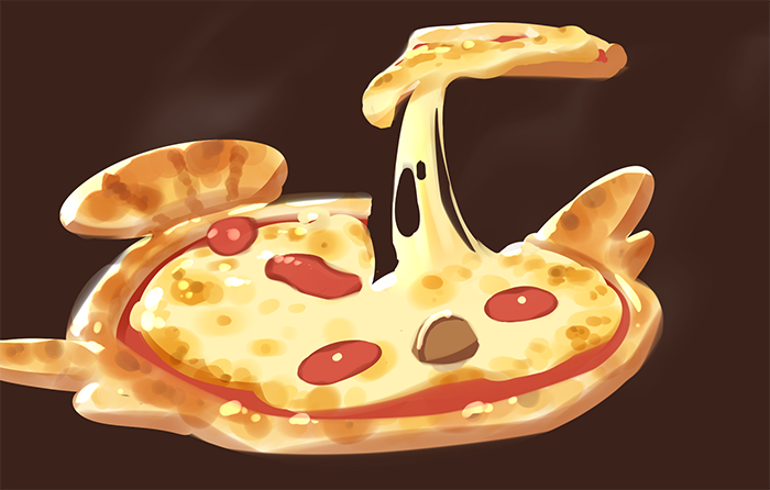 brown_background cheese cheese_trail donuttypd food gen_5_pokemon mushroom no_humans pepperoni pizza pokemon simple_background steam still_life stunfisk