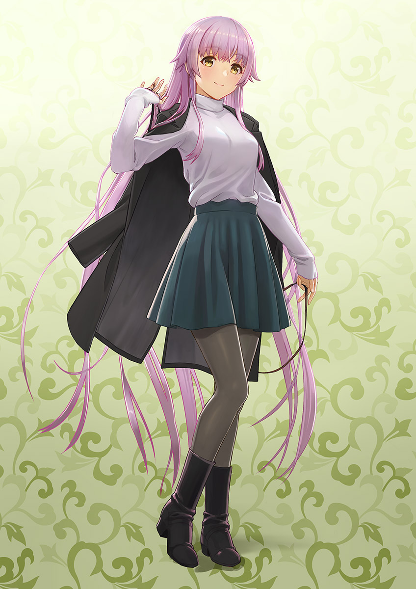 1girl bangs black_footwear black_jacket blue_skirt boots breasts brown_eyes casual closed_mouth contemporary eyebrows_visible_through_hair full_body green_background grey_legwear hair_between_eyes highres jacket jacket_on_shoulders kantai_collection long_hair long_sleeves pantyhose pleated_skirt purple_hair revision shirt shirt_tucked_in skirt sleeves_past_wrists small_breasts smile solo standing tantaka very_long_hair white_shirt yura_(kantai_collection)