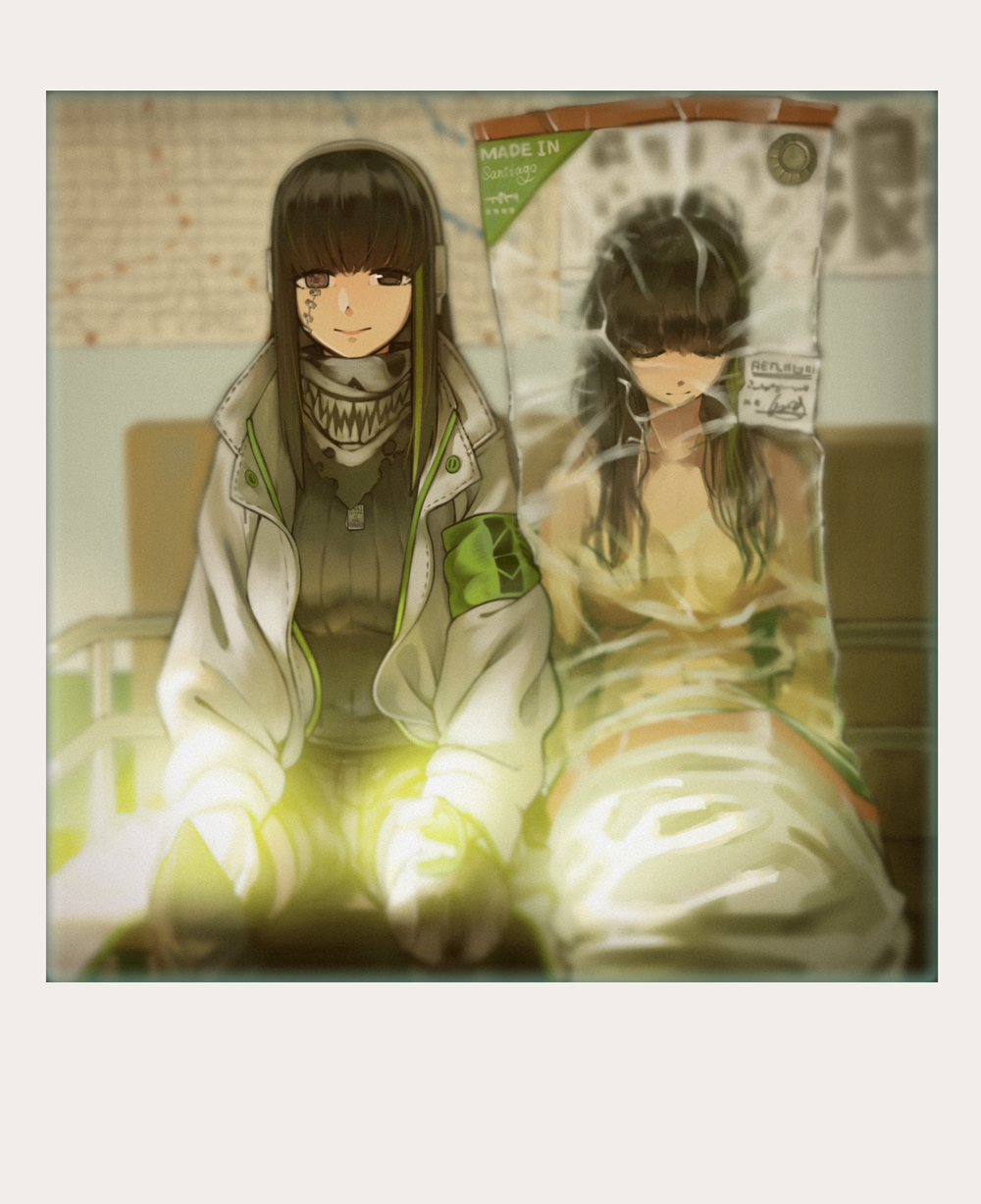 2girls armband artificial_eye bag border brown_eyes brown_hair closed_eyes commentary_request dual_persona girls_frontline headset highres in_bag in_container jacket light_smile long_hair looking_at_viewer m4a1_(girls_frontline) mechanical_eye multicolored_hair multiple_girls nude open_clothes open_jacket plastic_bag ribbed_sweater scarf sitting stitches streaked_hair sweater white_border yan_wan