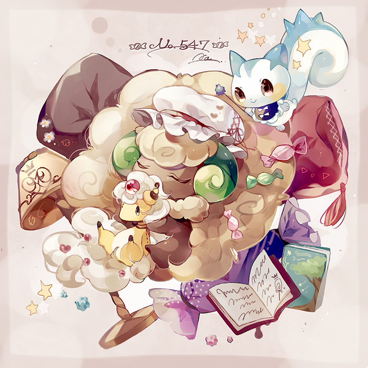 ampharos book candy_wrapper coco7 commentary cushion gen_2_pokemon gen_4_pokemon gen_5_pokemon lamp no_humans number pachirisu pokemon pokemon_(creature) star_(symbol) whimsicott