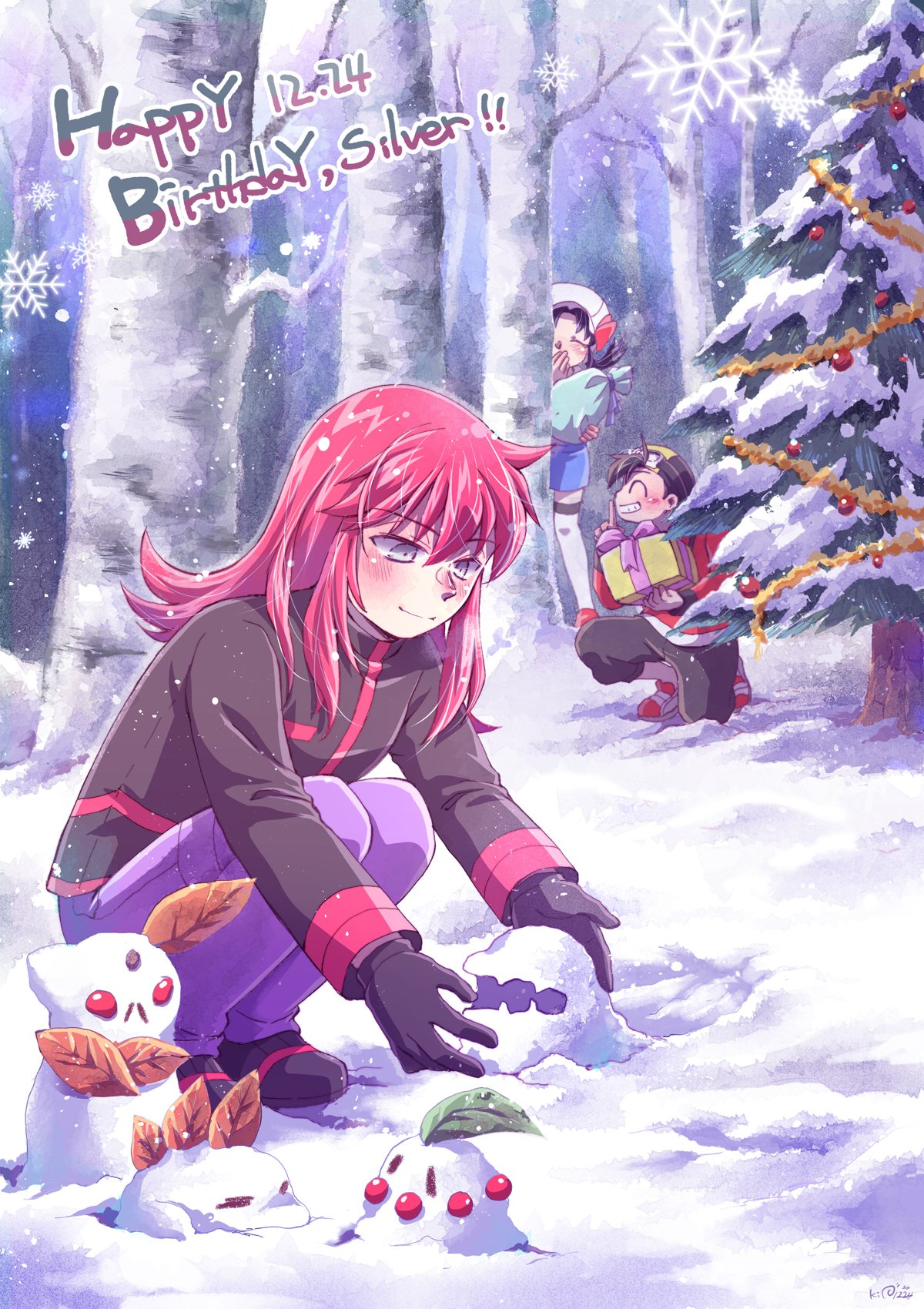 1girl 2boys bangs bare_tree blush box capri_pants character_name christmas_tree closed_mouth commentary_request covering_mouth dated ethan_(pokemon) eyebrows_visible_through_hair finger_to_mouth gift gift_box gloves grey_eyes happy_birthday hat highres holding index_finger_raised kipam kris_(pokemon) light_smile long_hair multiple_boys outdoors pants peeking_out pink_hair pokemon pokemon_(game) pokemon_hgss purple_pants shoes shushing silver_(pokemon) snow snow_sculpture snowflakes squatting standing thigh-highs tree white_headwear