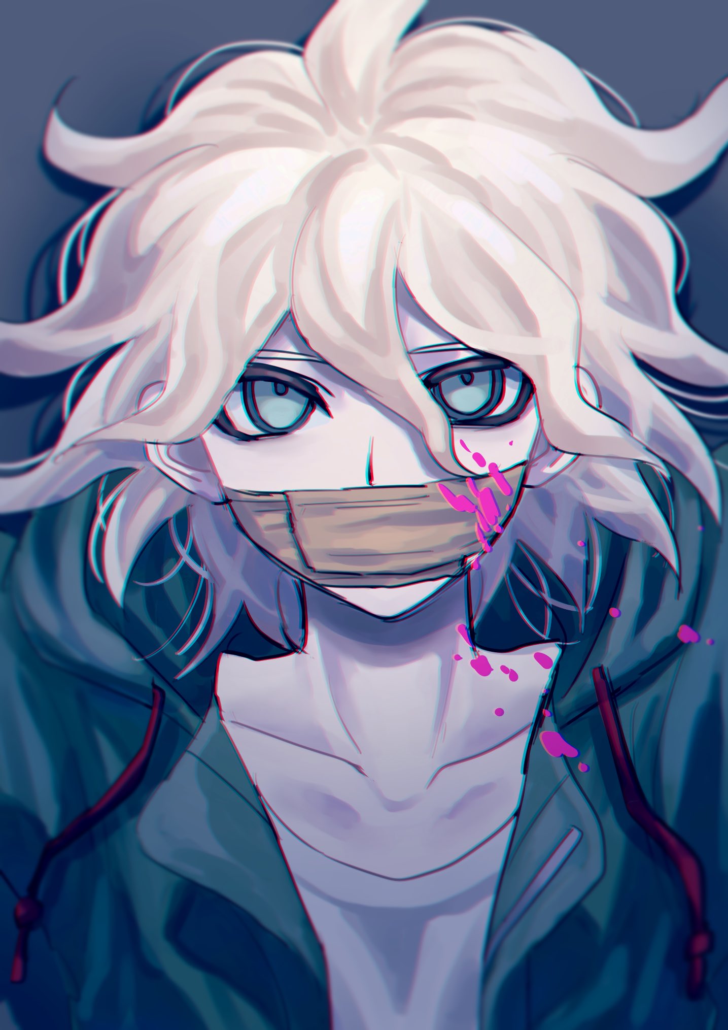 1boy bangs blood blood_on_face bloody_clothes collarbone commentary dangan_ronpa_(series) dangan_ronpa_2:_goodbye_despair gag green_jacket grey_shirt hair_between_eyes highres improvised_gag jacket komaeda_nagito looking_at_viewer male_focus messy_hair open_clothes open_jacket pink_blood portrait shirt solo spoilers tape tape_gag tei_(auntaso) upper_body white_hair