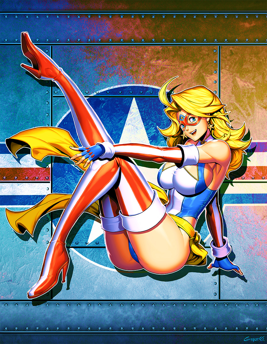 1girl blonde_hair blue_eyes blue_gloves boots breasts earrings elbow_gloves eye_mask fingerless_gloves full_body genzoman gloves high_heel_boots high_heels highleg highleg_leotard highres jewelry kamen_america kamen_america_(comic) knee_up large_breasts leg_up leotard long_hair open_mouth sash shadow signature smile solo star_(symbol) star_earrings striped striped_footwear striped_legwear thigh-highs thigh_boots yellow_sash