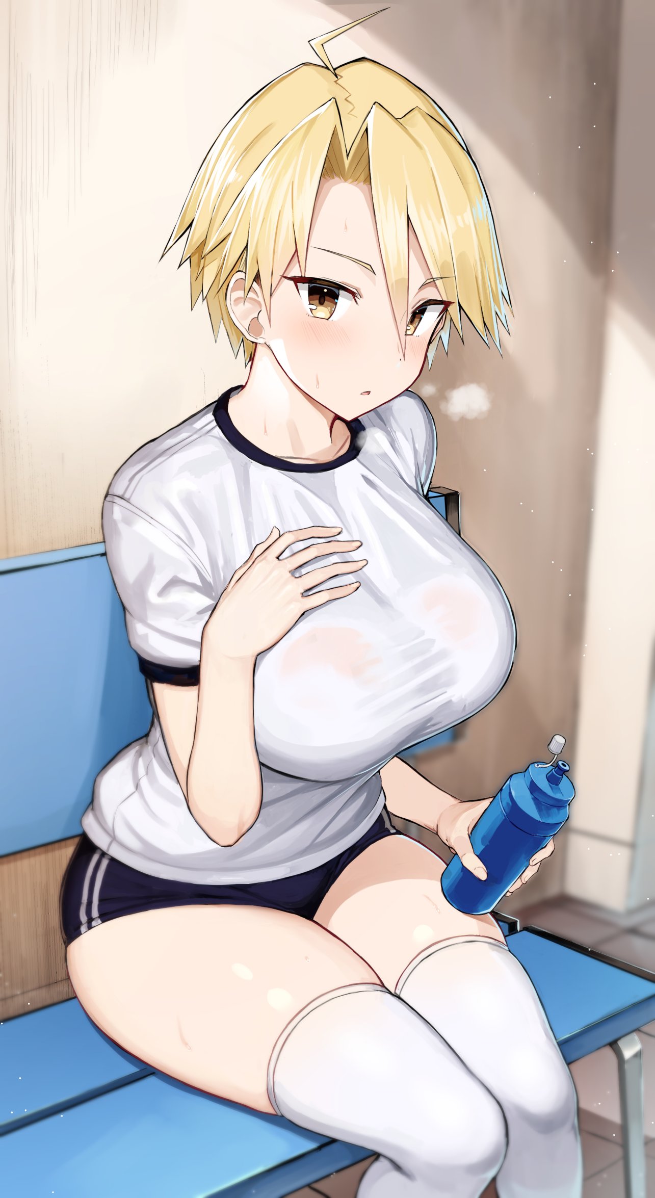 1girl ahoge bangs bench black_buruma blonde_hair blurry bottle breasts buruma check_copyright copyright_request depth_of_field greatmosu gym_uniform hand_on_own_chest highres holding large_breasts looking_at_viewer original parted_bangs parted_lips see-through shirt short_hair short_sleeves sitting solo sweat thigh-highs thighs wet wet_clothes wet_shirt white_legwear white_shirt yellow_eyes