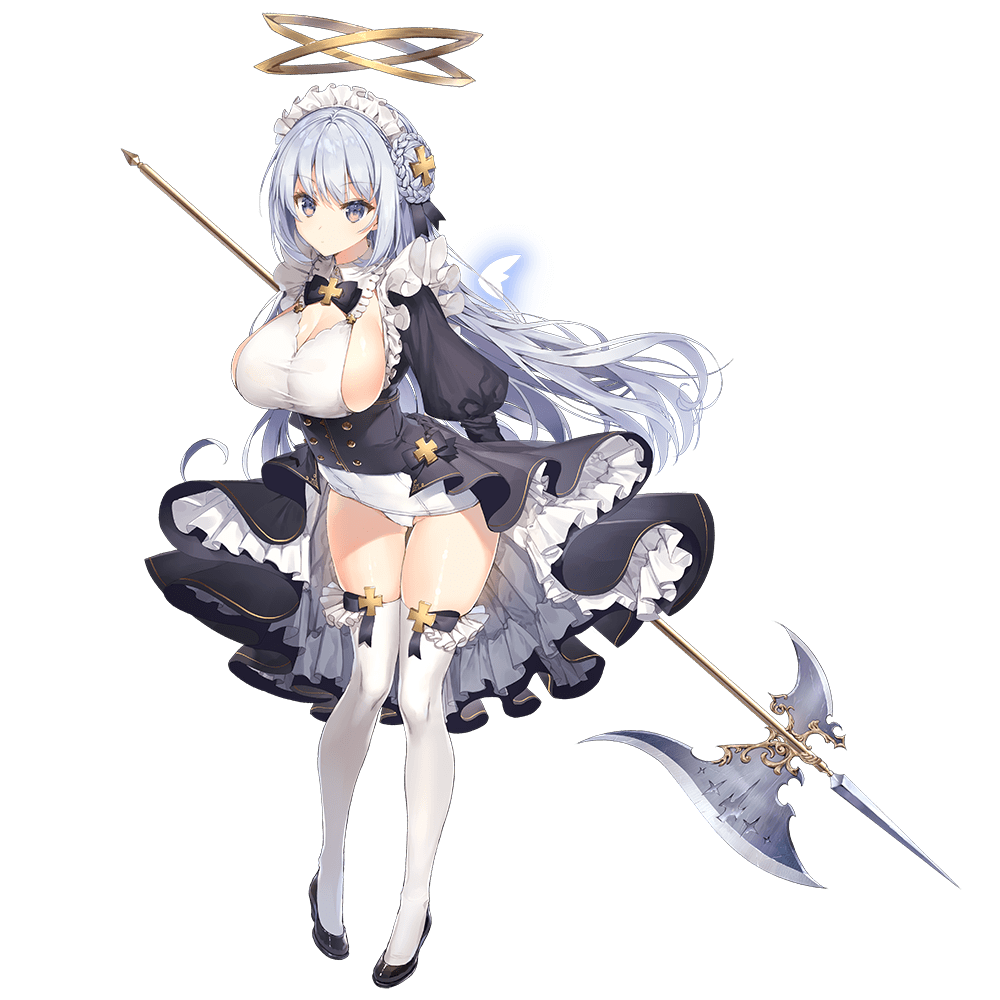 1girl bangs black_footwear braid breasts dennou_tenshi_jibril eyebrows_visible_through_hair full_body grey_eyes halberd halo holding holding_weapon juliet_sleeves large_breasts long_hair long_sleeves maid_headdress official_art petticoat polearm puffy_sleeves showgirl_skirt sideboob silver_hair solo thigh-highs transparent_background weapon white_legwear