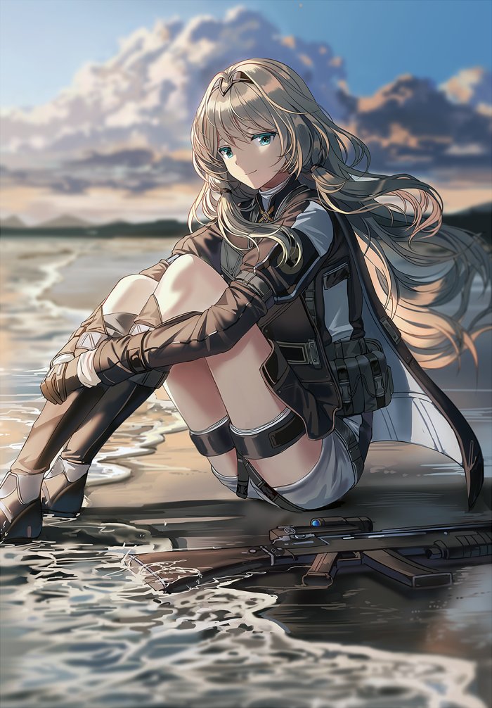 1girl an-94 an-94_(girls_frontline) assault_rifle bag bangs blonde_hair blue_eyes blurry blurry_background closed_mouth clouds cloudy_sky girls_frontline gloves gun hairband leg_hug long_hair looking_at_viewer low_tied_hair outdoors platinum_blonde_hair rifle silence_girl sitting sky smile solo tactical_clothes water weapon