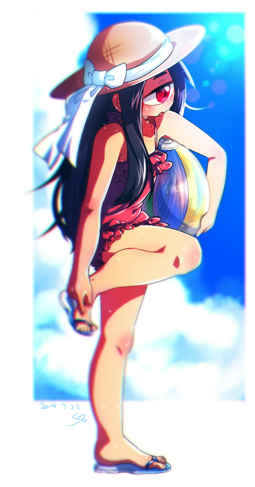1girl adjusting_footwear ball beachball black_hair blue_sky blurry blurry_background blush bow clouds cyclops dated day depth_of_field frilled_swimsuit frills hat hat_bow head_tilt highres holding holding_ball hot long_hair muku-chan_(muroku) muroku_(aimichiyo0526) one-eyed one-piece_swimsuit original parted_lips red_eyes red_swimsuit sandals signature sky solo standing standing_on_one_leg sun_hat sweat swimsuit white_bow x_x
