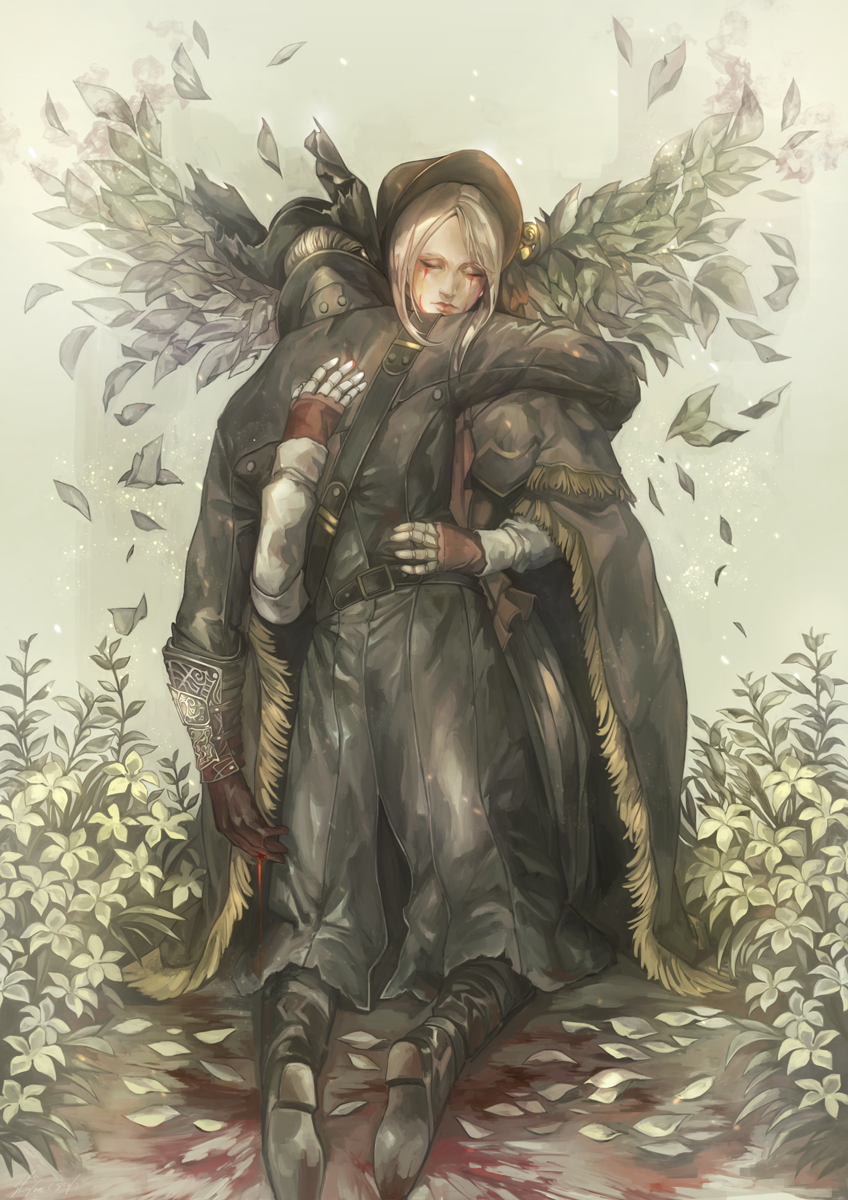 1boy 1girl arm_guards back bad_id bad_twitter_id bangs bleeding blood blood_drip blood_stain bloodborne bloody_tears bonnet boots cloak closed_eyes commentary_request crying doll_joints dress falling_leaves flower gloves hat highres hug hunter_(bloodborne) jacket joints kneeling kyousuke_(melcior301) leaf long_hair parted_bangs petals plain_doll poncho silver_hair strap tears tricorne white_hair wings