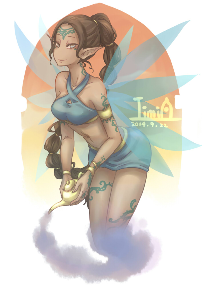 1girl blue_eyes braid breasts closed_mouth collarbone commentary_request dark_skin dark-skinned_female dated faerie_neopet fairy_wings holding iimia leaning_forward legs_together long_hair looking_at_viewer midriff navel neopets oil_lamp personification pointy_ears signature simple_background small_breasts smile smoke solo tattoo very_long_hair white_background wings xweetok