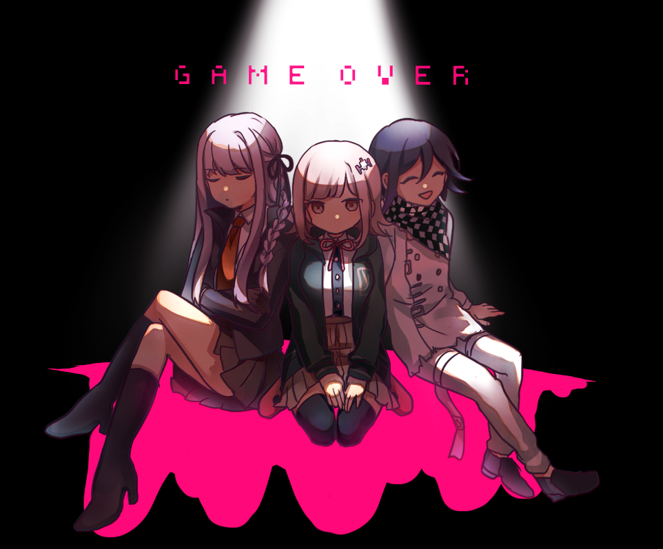 1boy 2girls bangs black_gloves black_hair black_legwear boots braid breasts checkered checkered_scarf closed_eyes commentary_request dangan_ronpa:_trigger_happy_havoc dangan_ronpa_(series) dangan_ronpa_2:_goodbye_despair dangan_ronpa_v3:_killing_harmony dark_skin flipped_hair full_body game_over gloves hair_between_eyes hair_ornament hair_ribbon hairclip high_heels jacket kirigiri_kyouko kneehighs long_hair long_sleeves male_focus medium_hair miyuzu multiple_girls nanami_chiaki necktie open_mouth ouma_kokichi pants pink_blood pink_ribbon pleated_skirt purple_hair ribbon scarf seiza shirt short_hair side_braid single_braid sitting skirt sleeping sleeping_upright smile spoilers straitjacket thigh-highs violet_eyes zettai_ryouiki