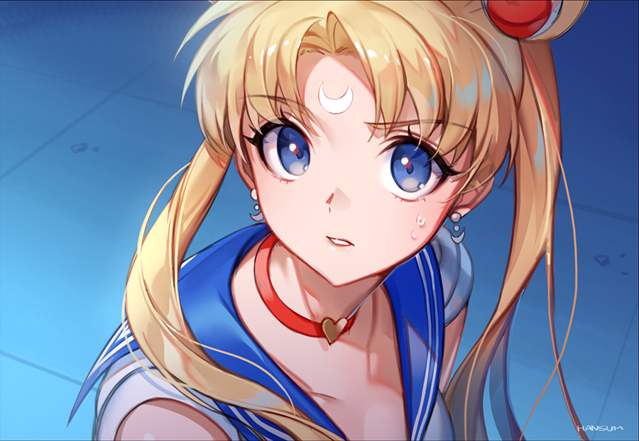 1girl artist_name bishoujo_senshi_sailor_moon blonde_hair blue_eyes blue_sailor_collar choker collarbone crescent crescent_earrings earrings eyebrows_visible_through_hair hair_bun hansum heart heart_choker jewelry long_hair magical_girl red_choker sailor_collar sailor_moon sailor_moon_redraw_challenge solo sweatdrop tsukino_usagi twintails upper_body