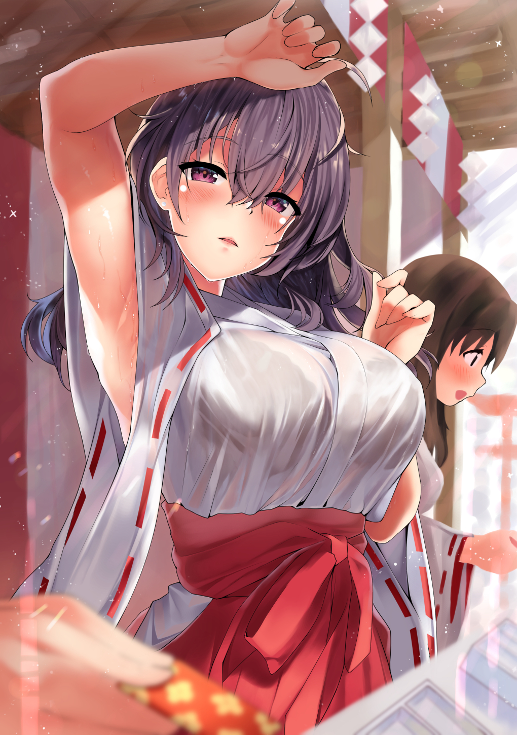 2girls arm_up armpits bangs black_bra blurry blurry_foreground blush bra breasts brown_hair commentary_request day depth_of_field eyebrows_visible_through_hair hair_between_eyes hakama highres japanese_clothes kawai large_breasts lens_flare looking_at_viewer miko multiple_girls original parted_lips purple_hair red_hakama ribbon-trimmed_sleeves ribbon_trim see-through solo_focus underwear violet_eyes wet_kimono