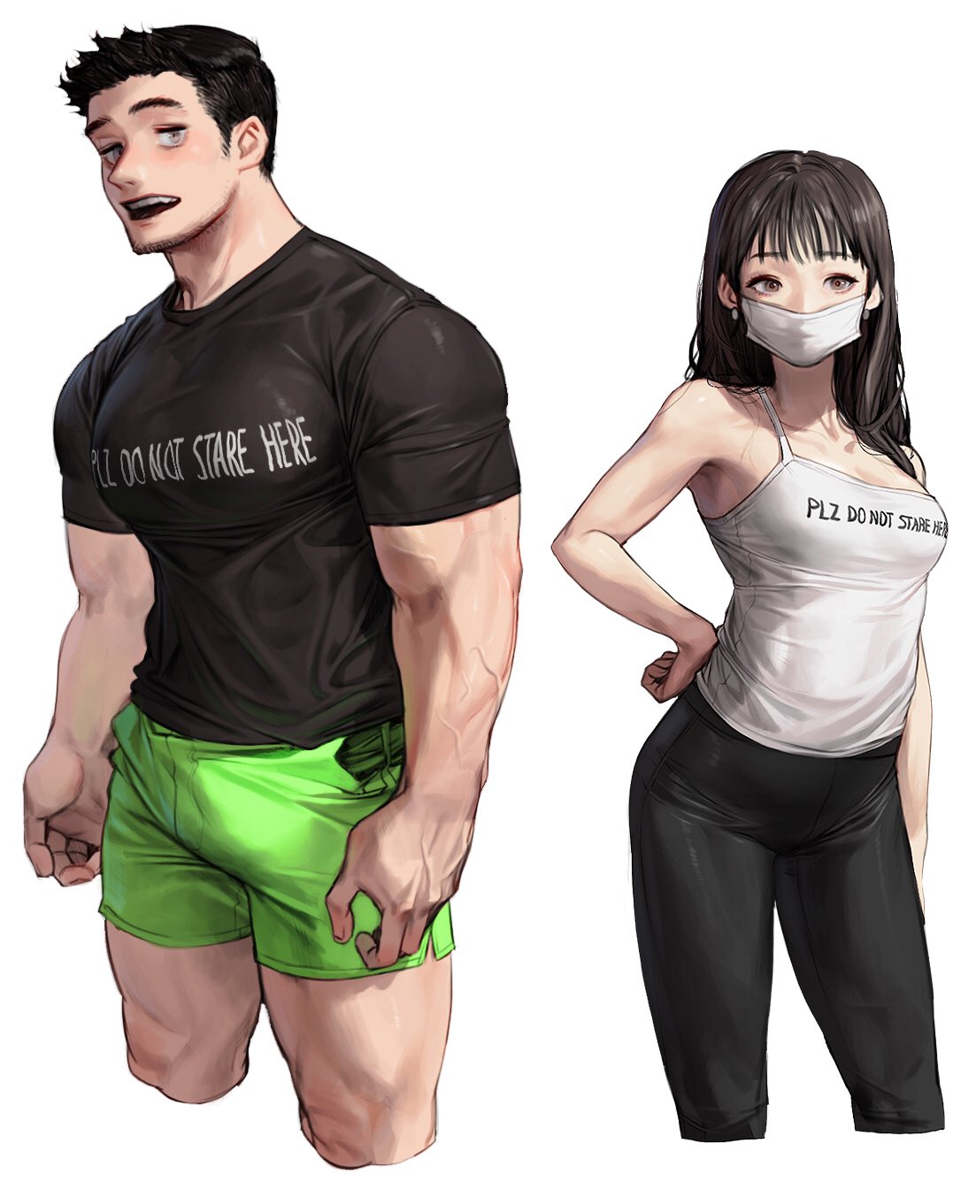 1boy 1girl bangs black_hair black_pants black_shirt camisole green_shorts grey_eyes highres long_hair looking_at_viewer mask mouth_mask open_mouth original pants print_shirt rinotuna shirt short_hair short_sleeves shorts simple_background surgical_mask veins white_background white_camisole white_mask