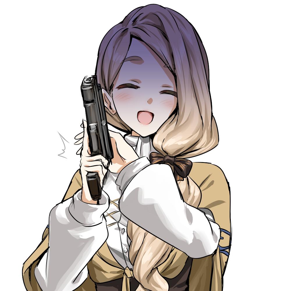 1girl :d ^_^ athenawyrm blush bow brown_bow brown_capelet brown_hair capelet closed_eyes commentary english_commentary facing_viewer fire_emblem fire_emblem:_three_houses garreg_mach_monastery_uniform gun hair_bow handgun holding holding_gun holding_weapon long_hair long_sleeves mercedes_von_martritz open_mouth pistol shirt simple_background smile solo upper_body weapon white_background white_shirt