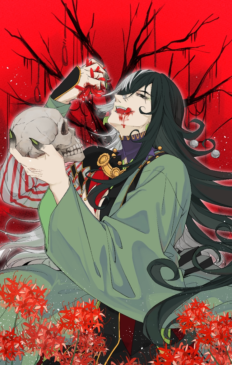 1boy :q ashiya_douman_(fate) asymmetrical_clothes asymmetrical_hair bell black_eyes black_hair bleeding blood blood_on_face curly_hair earrings fate/grand_order fate_(series) fingernails flower flower_request green_eyeshadow green_kimono green_lipstick green_nails hair_bell hair_between_eyes hair_intakes hair_ornament head_tilt japanese_clothes jewelry kimono licking_lips lipstick long_hair magatama magatama_earrings makeup male_focus multicolored_hair open_clothes open_kimono red_flower ribbed_sleeves sharp_fingernails skull solo tongue tongue_out tree_branch two-tone_hair upper_body very_long_fingernails very_long_hair white_hair wutoubanfan_(aruko_023)