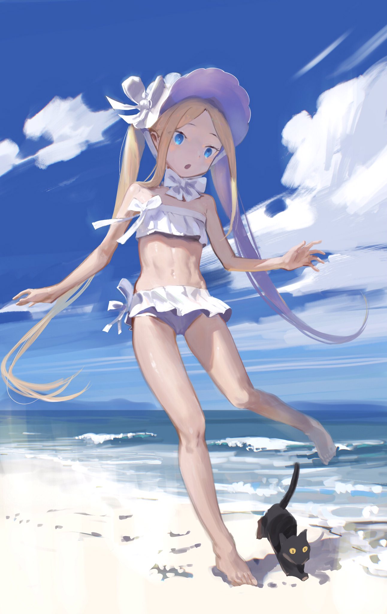 1girl :o abigail_williams_(fate/grand_order) abigail_williams_(swimsuit_foreigner)_(fate) barefoot beach bikini black_cat blonde_hair blue_eyes bonnet cat clouds day fate/grand_order fate_(series) frilled_bikini frills highres long_hair lynchis ocean open_mouth outdoors sidelocks sky strapless strapless_bikini swimsuit water white_bikini white_headwear