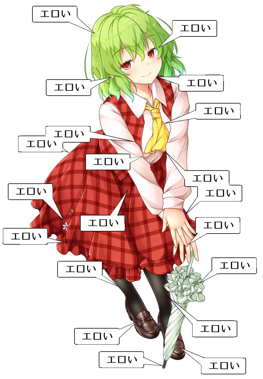 1girl aka_tawashi ascot bangs black_legwear brown_footwear closed_mouth collared_shirt eyebrows_visible_through_hair flower full_body green_hair hair_between_eyes half-closed_eyes highres holding holding_umbrella kazami_yuuka long_sleeves pink_flower plaid plaid_skirt plaid_vest red_eyes red_skirt red_vest shirt short_hair simple_background skirt smile solo speech_bubble standing thigh-highs touhou translation_request umbrella vest white_background white_shirt white_umbrella yellow_neckwear