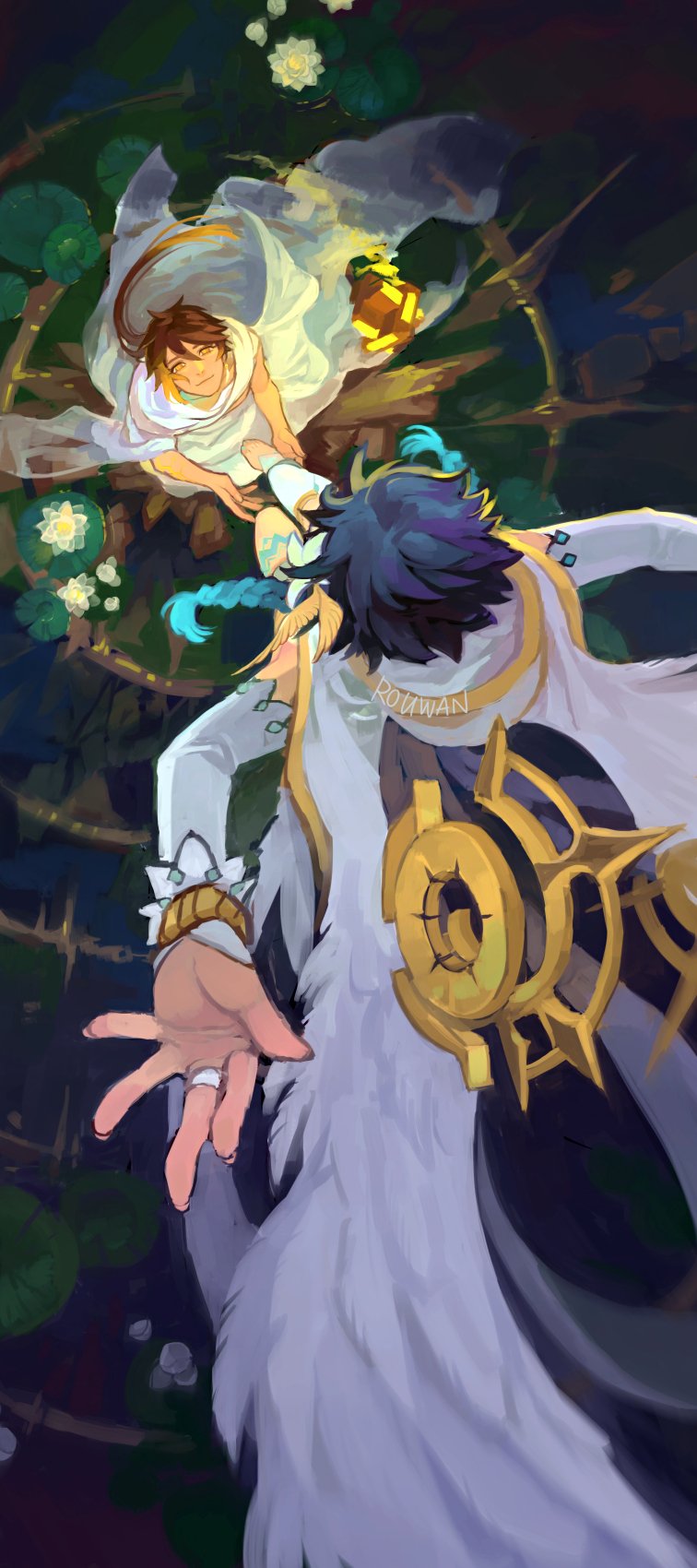 2boys bangs black_hair blue_hair braid brown_hair cape closed_mouth crack cracked_floor detached_sleeves earrings feathered_wings feathers floating floating_object flower from_above genshin_impact gradient_hair hair_between_eyes highres jewelry lily_pad long_hair long_sleeves looking_at_viewer looking_up lotus male_focus multicolored_hair multiple_boys ponytail ring robe rouwan single_earring single_thighhigh smile tassel tassel_earrings tattoo thigh-highs thigh_tattoo twin_braids venti_(genshin_impact) white_flower white_legwear white_robe wings yellow_eyes zhongli_(genshin_impact)