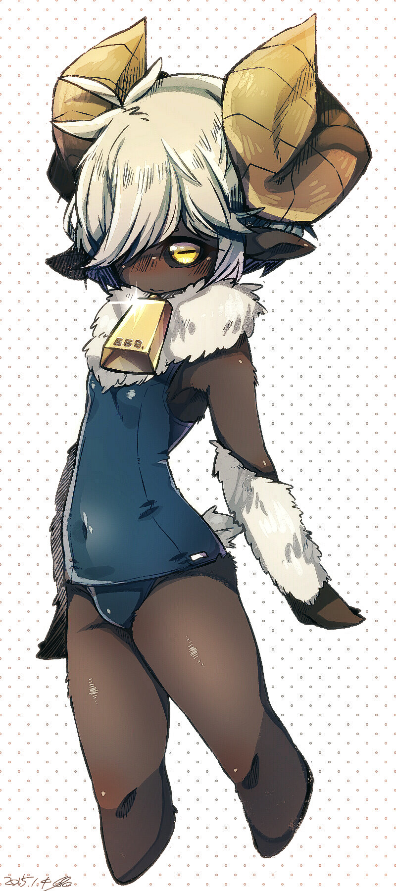 1girl animal_ears arms_at_sides bell black_sclera blue_swimsuit body_fur breasts closed_mouth colored_sclera covered_navel cowbell curled_horns dark_skin dark-skinned_female dated full_body glint goat_ears goat_horns goat_tail hair_over_one_eye highres hooves horizontal_pupils horns looking_at_viewer muroku_(aimichiyo0526) one-piece_swimsuit one_eye_covered original pointy_ears school_swimsuit signature small_breasts solo standing swimsuit very_dark_skin white_hair yellow_eyes