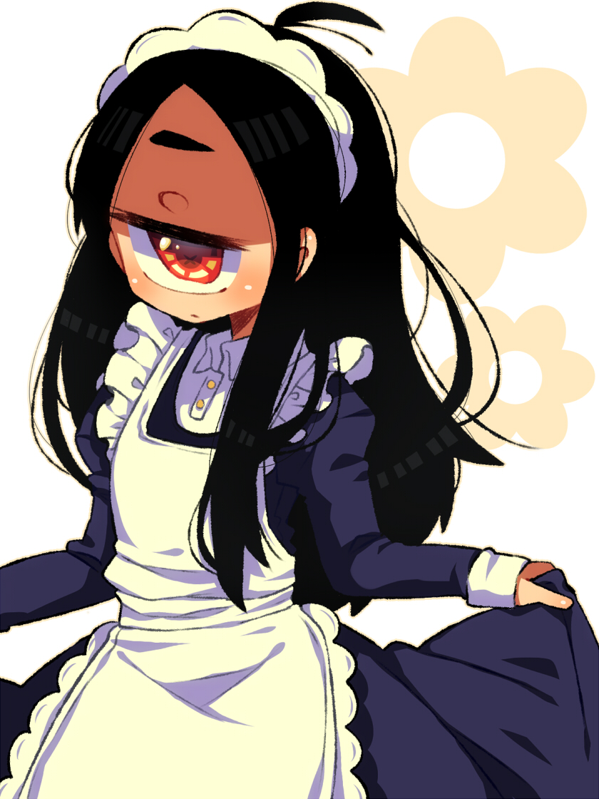 1girl ahoge alternate_costume apron black_hair blue_dress blush closed_mouth collared_shirt cowboy_shot cyclops dress enmaided jitome juliet_sleeves long_hair long_sleeves looking_at_viewer maid maid_apron maid_headdress muku-chan_(muroku) muroku_(aimichiyo0526) one-eyed original puffy_sleeves red_eyes shirt skirt_hold solo white_apron white_shirt wing_collar x_x