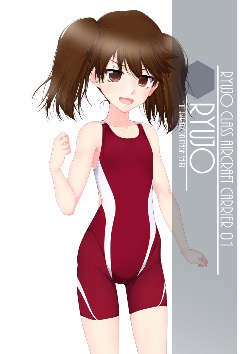 1girl artist_name brown_eyes brown_hair character_name competition_swimsuit cowboy_shot flat_chest highres inaba_shiki kantai_collection long_hair looking_at_viewer one-piece_swimsuit open_mouth red_swimsuit ryuujou_(kantai_collection) smile solo standing swimsuit twintails