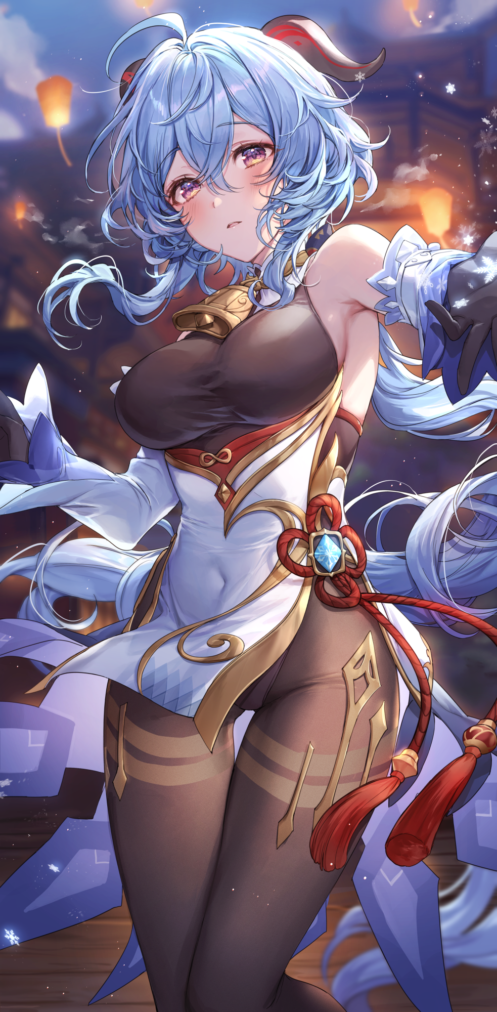 1girl ahoge armpits bare_shoulders bell black_gloves blue_hair blurry bodystocking breasts covered_navel cowbell depth_of_field detached_sleeves floating_hair ganyu_(genshin_impact) genshin_impact gloves goat_horns gold_trim highres horns large_breasts long_hair long_sleeves looking_at_viewer low_ponytail parted_lips pelvic_curtain pillo solo standing tassel thigh_gap very_long_hair violet_eyes waist_cape