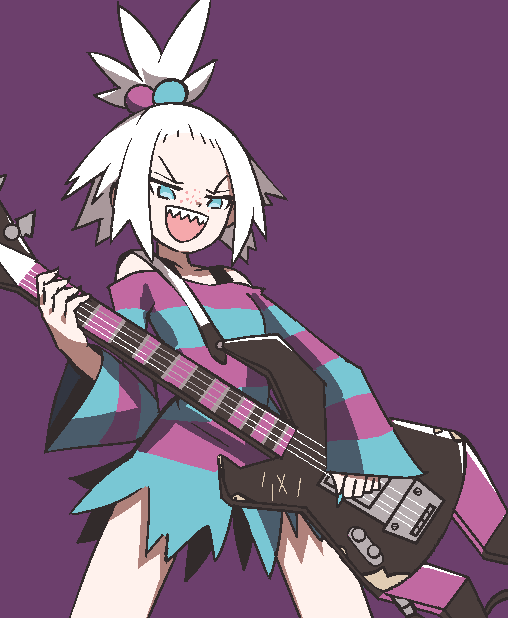 1girl bass_guitar blue_eyes bra_strap chained_tan dress fangs flat_chest forehead freckles gym_leader hair_bobbles hair_ornament instrument nintendo pokemon pokemon_(game) pokemon_bw2 roxie_(pokemon) solo standing strapless strapless_dress striped striped_dress