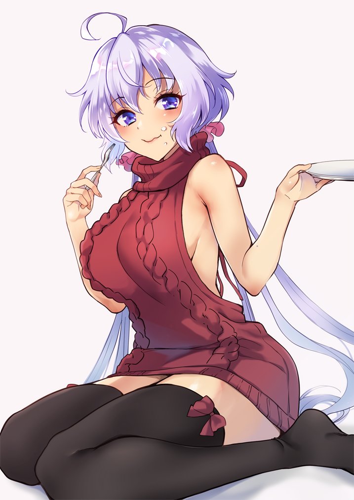 1girl ahoge backless_outfit bare_arms bare_shoulders black_legwear bow bow_legwear breasts closed_mouth dress eating food food_on_face fork hair_ornament hair_scrunchie holding holding_fork holding_plate large_breasts long_hair looking_at_viewer low_twintails meme_attire plate plum_(arch) purple_hair red_bow red_dress red_sweater scrunchie senki_zesshou_symphogear sideboob simple_background sitting solo sweater sweater_dress thigh-highs turtleneck turtleneck_sweater twintails very_long_hair violet_eyes virgin_killer_sweater wariza wavy_mouth white_background yukine_chris zettai_ryouiki