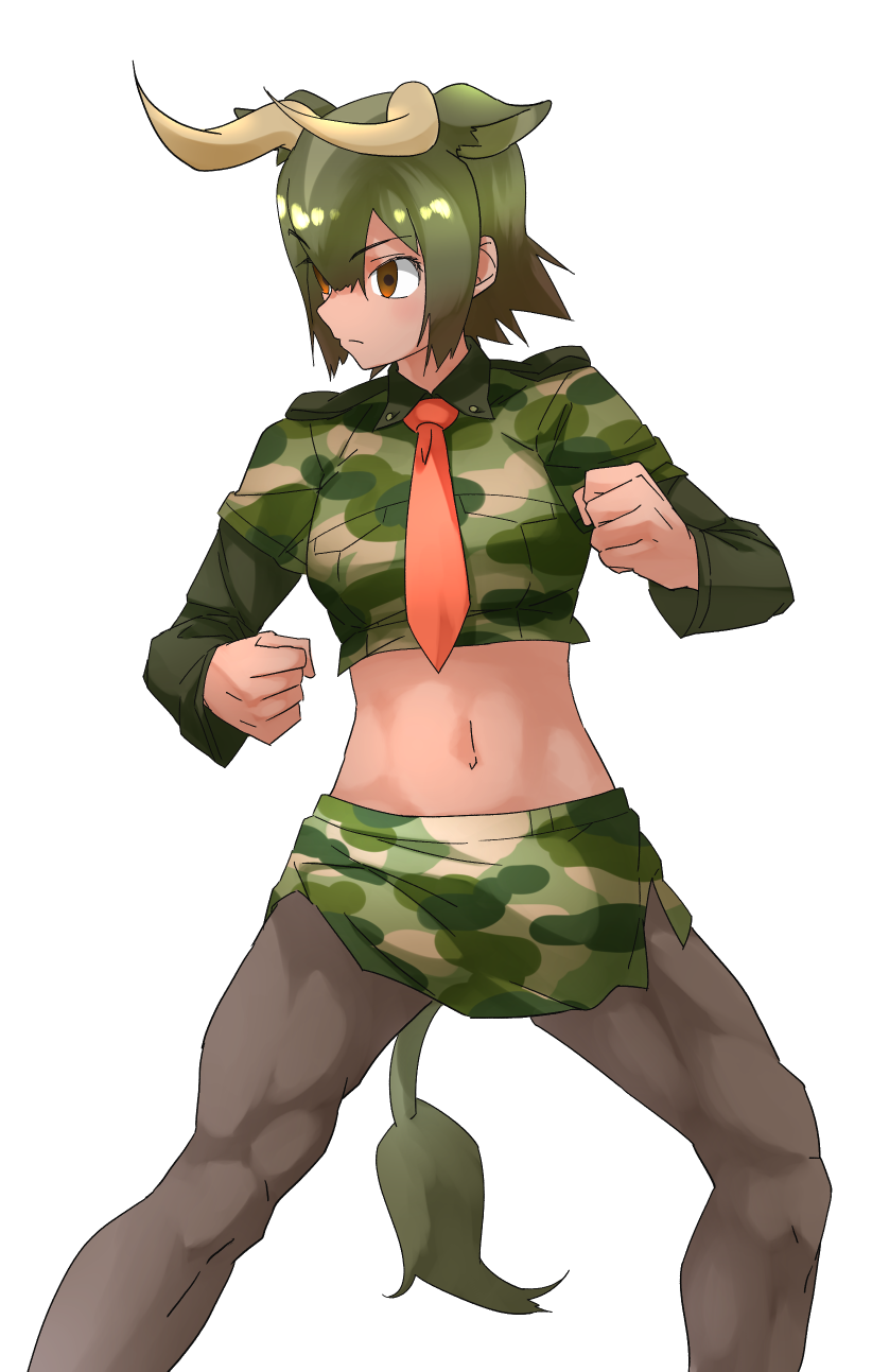 1girl animal_ears aurochs_(kemono_friends) black_legwear breast_pocket brown_eyes brown_hair camouflage camouflage_shirt camouflage_skirt clenched_hands closed_mouth collared_shirt commentary_request cow_ears cow_girl cow_horns cow_tail cropped_shirt empty_eyes extra_ears eyebrows_visible_through_hair feet_out_of_frame fighting_stance green_hair hair_between_eyes highres horizontal_pupils horns kemono_friends long_sleeves microskirt midriff multicolored_hair navel necktie pantyhose pocket red_neckwear serious shiny shiny_hair shirt short_hair short_over_long_sleeves short_sleeves sidelocks simple_background skirt solo standing stomach tail tan tanabe_(fueisei) white_background