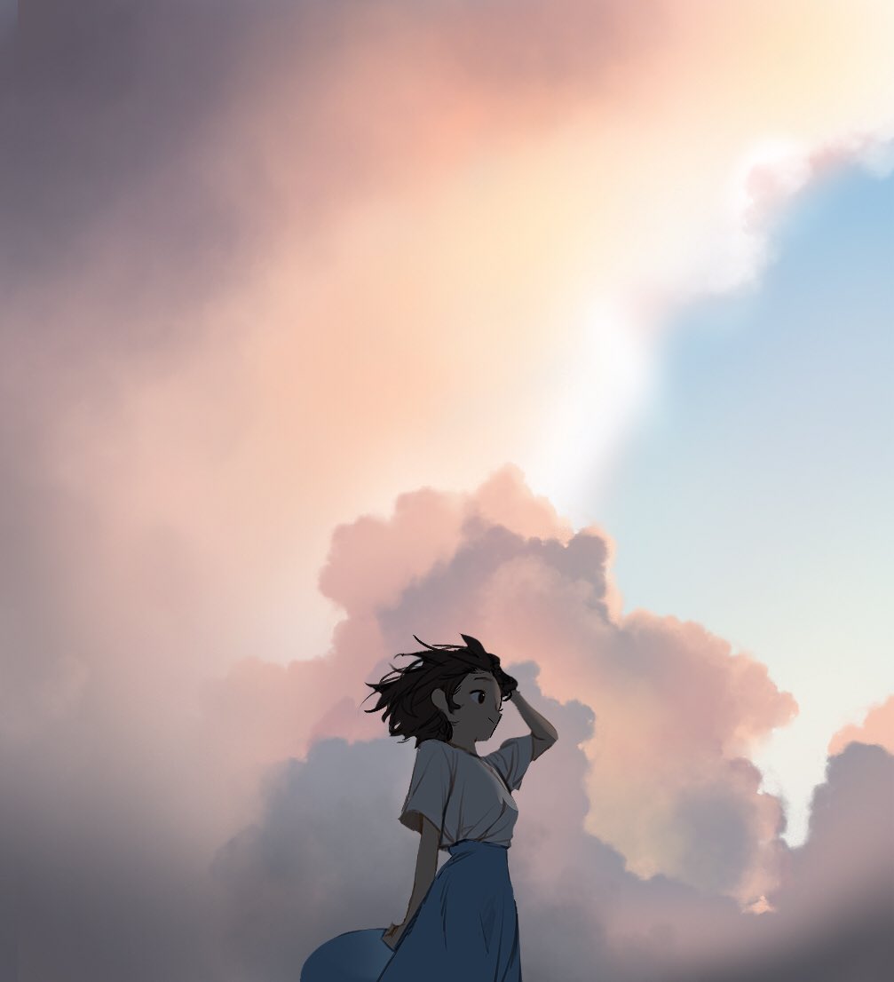 1girl arm_up blue_skirt blue_sky clouds original profile rinotuna shirt shirt_tucked_in short_sleeves skirt sky solo upper_body white_shirt wide_shot