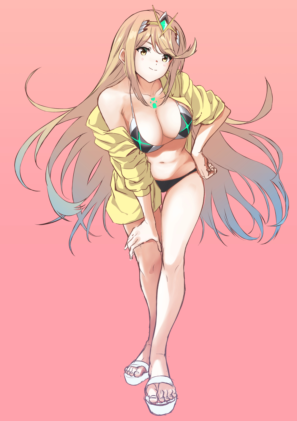 1girl bikini blonde_hair breasts highres jewelry large_breasts long_hair mythra_(xenoblade) sandals simple_background solo swimsuit xenoblade_chronicles_(series) xenoblade_chronicles_2 yellow_eyes yuuuun0218