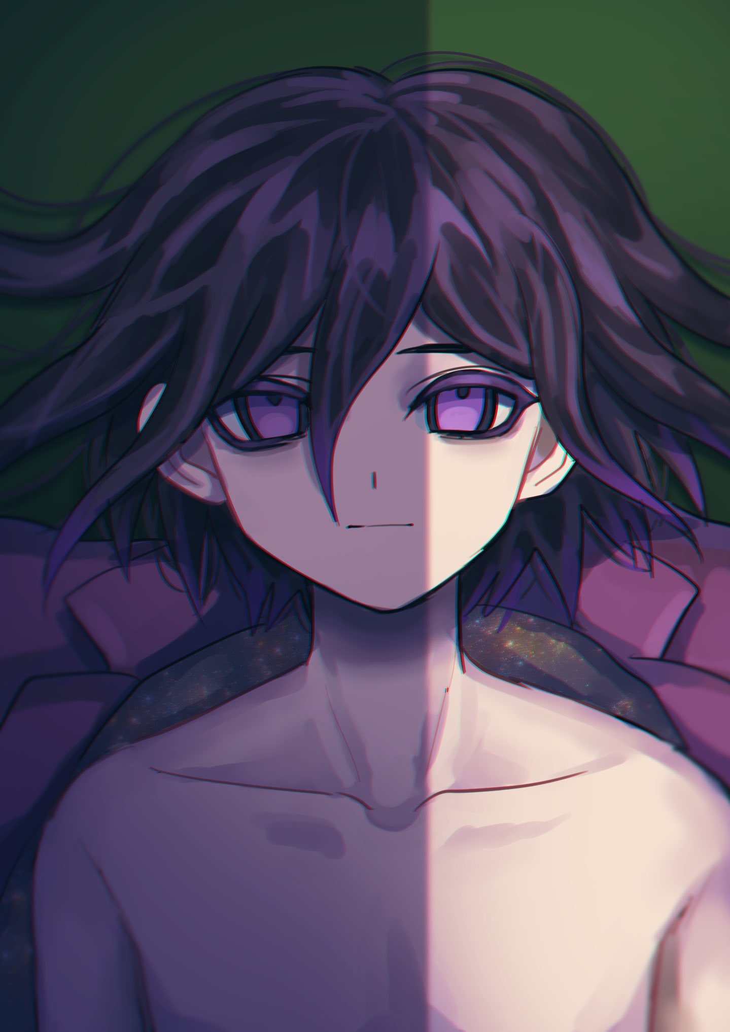 1boy bags_under_eyes bangs black_hair closed_mouth collarbone dangan_ronpa_(series) dangan_ronpa_v3:_killing_harmony eyebrows_visible_through_hair hair_between_eyes highres jacket jacket_removed looking_at_viewer lying male_focus on_back ouma_kokichi portrait purple_jacket short_hair smile solo space_print spoilers starry_sky_print tei_(auntaso) upper_body violet_eyes