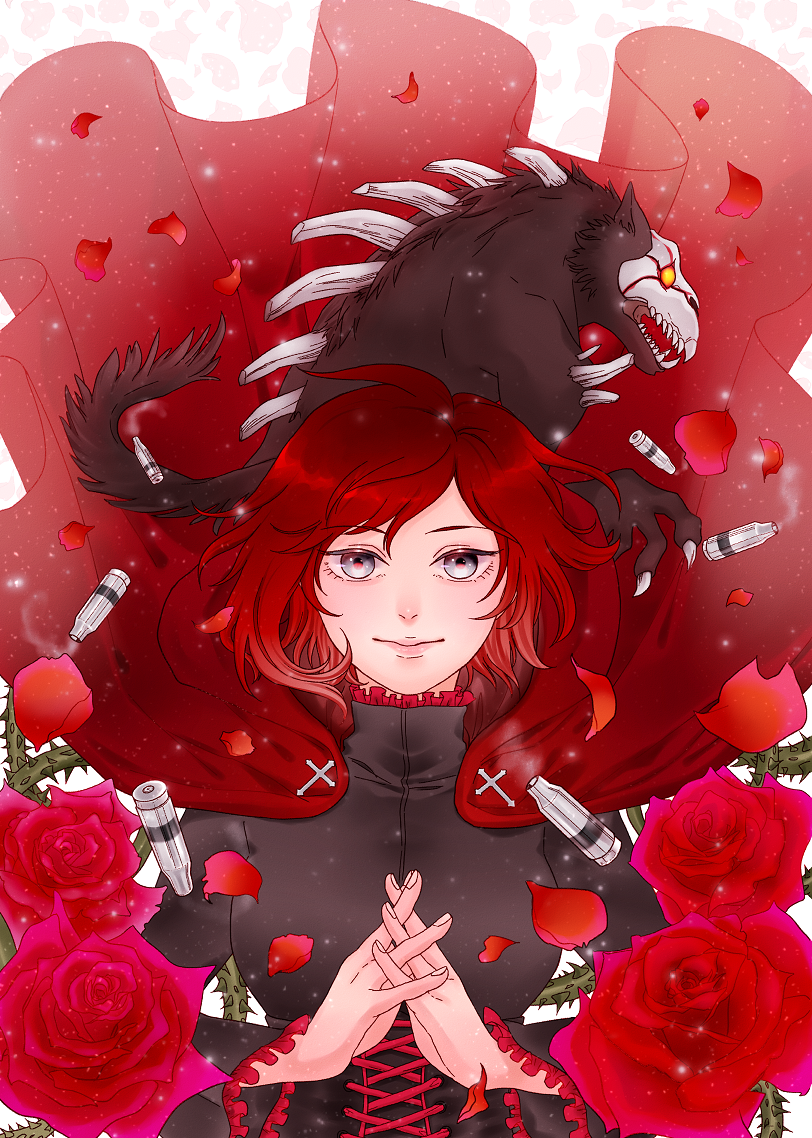 1girl beowolf breasts bullet cape collar corset cross dress eyebrows_visible_through_hair flower frilled_collar frilled_dress frilled_sleeves frills grey_eyes grimm hand_up hands_together looking_at_viewer petals red_cape red_flower redhead rose rose_petals ruby_rose rwby shell_casing short_hair simple_background smile smoking solo tanoshihana thorns white_background