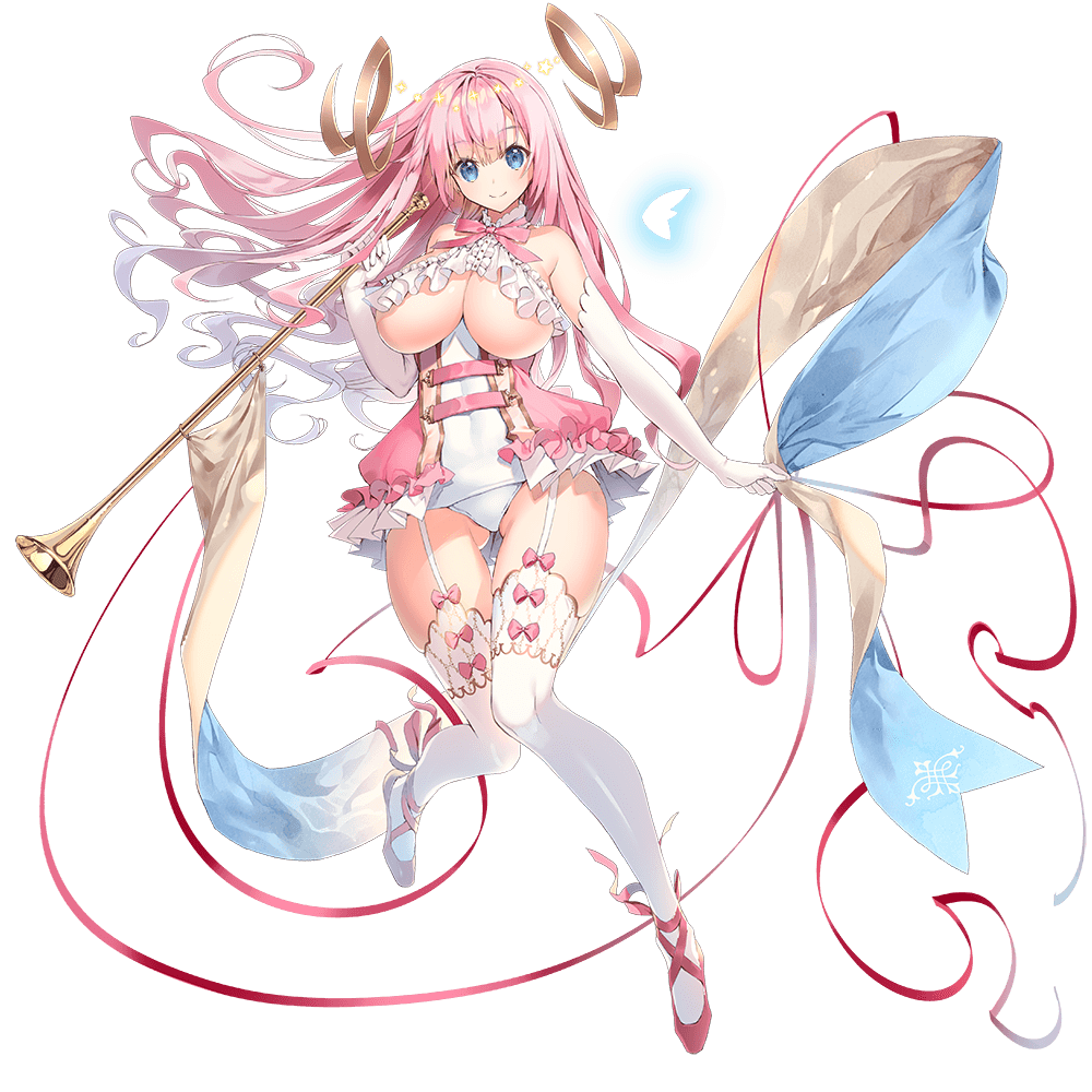 1girl bangs blue_eyes breasts dennou_tenshi_jibril elbow_gloves floating_hair full_body garter_straps gloves holding holding_instrument huge_breasts instrument long_hair looking_at_viewer official_art pink_hair red_ribbon ribbon smile solo thigh-highs transparent_background trumpet under_boob white_gloves white_legwear