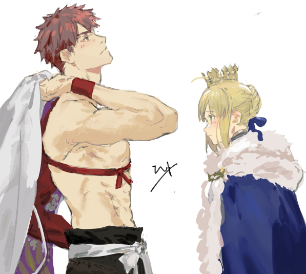 1boy 1girl ahoge artoria_pendragon_(all) blonde_hair blush crown emiya_shirou fate/grand_order fate/stay_night fate_(series) from_side limited/zero_over limited_palette looking_at_another looking_up matoba_(ga6life) redhead saber sengo_muramasa_(fate) shirtless signature simple_background toned toned_male upper_body white_background wristband