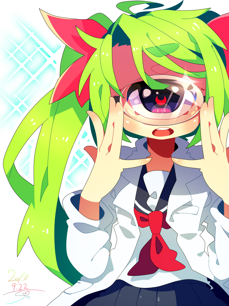 1girl :d black_sailor_collar black_skirt bow cowboy_shot crescent-shaped_pupils cyclops dated eyebrows_visible_through_hair green_hair hair_bow hands_up highres labcoat looking_at_viewer monocle muroku_(aimichiyo0526) neckerchief one-eyed open_mouth original pleated_skirt red_bow red_neckwear red_pupils round_teeth sailor_collar school_uniform serafuku shirt signature skirt smile solo teeth twintails upper_teeth violet_eyes white_shirt