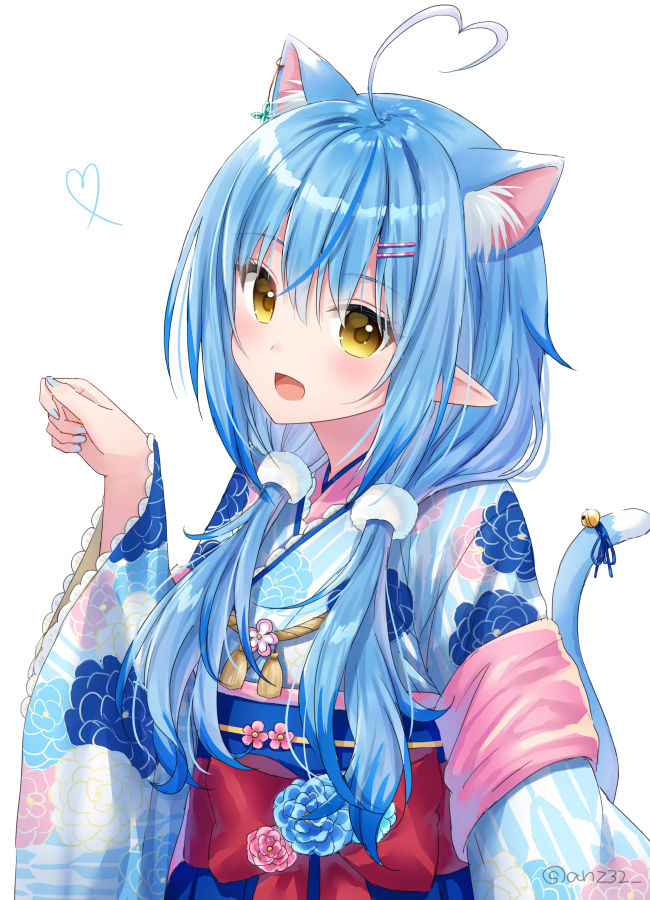 1girl :d ahoge animal_ear_fluff animal_ears anz32 bangs bell blue_kimono blue_nails blue_ribbon blush cat_ears cat_girl cat_tail commentary_request eyebrows_visible_through_hair floral_print hair_between_eyes hair_ornament hair_over_shoulder hairclip hand_up heart_ahoge hololive japanese_clothes jingle_bell kemonomimi_mode kimono long_hair long_sleeves looking_at_viewer low_twintails multicolored_hair nail_polish obi open_mouth pointy_ears print_kimono ribbon sash simple_background smile solo streaked_hair tail tail_bell tail_ornament tail_ribbon twintails virtual_youtuber white_background wide_sleeves yagasuri yellow_eyes yukihana_lamy