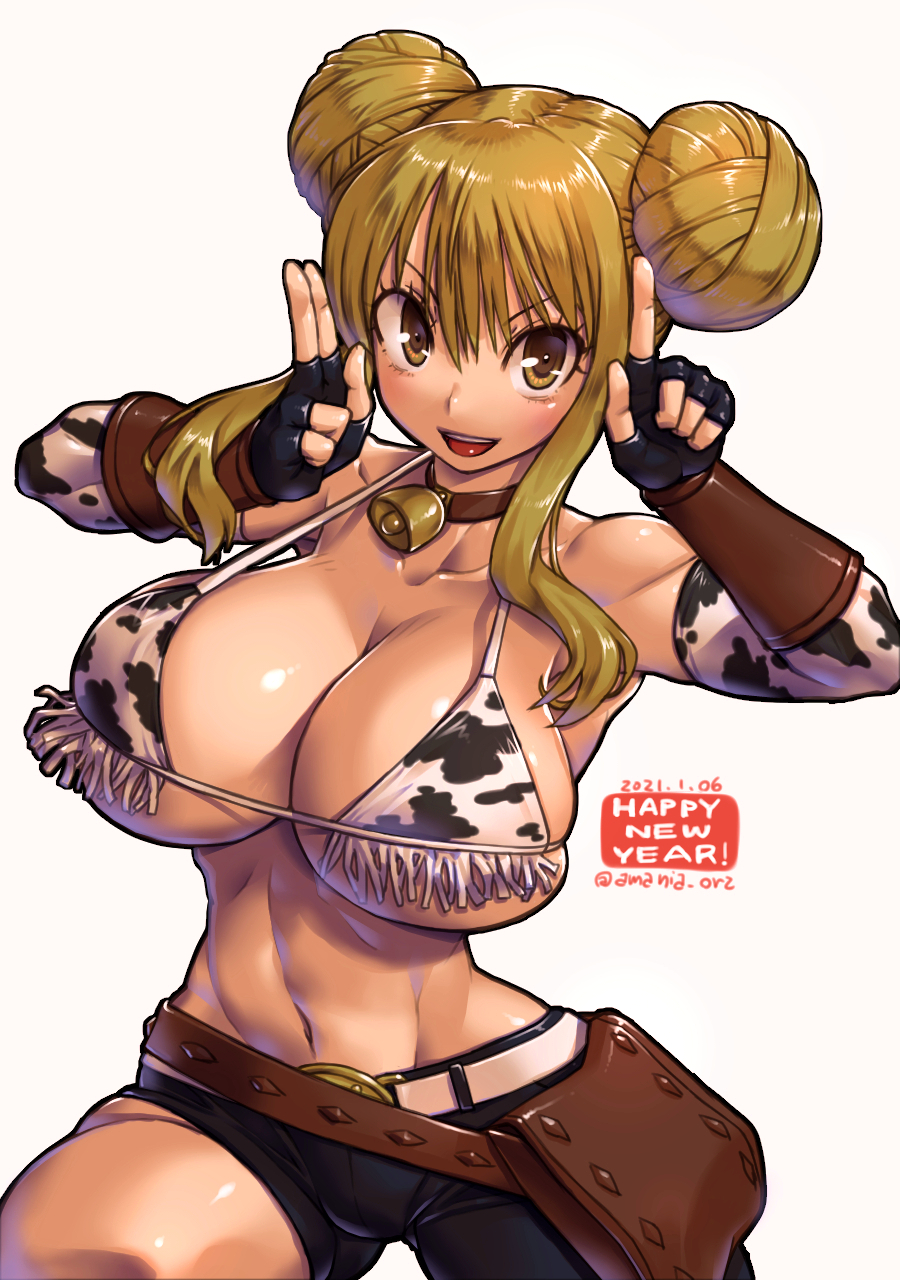 1girl 2021 amania_orz animal_print bag bell belt belt_buckle bikini black_gloves black_shorts blonde_hair breasts brown_bag brown_belt brown_choker buckle chinese_zodiac choker cow_print cowbell dated detached_sleeves double_bun fairy_tail fingerless_gloves gloves highres horns_pose large_breasts lucy_heartfilia navel print_bikini print_sleeves satchel shorts sidelocks smile swimsuit white_background year_of_the_ox