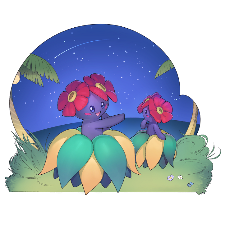 :d bellossom fisheye flower gen_2_pokemon grass kamameshi_gougoumaru looking_at_viewer night night_sky no_humans ocean open_mouth palm_tree pokemon pokemon_(creature) shooting_star sky smile star_(sky) starry_sky tree