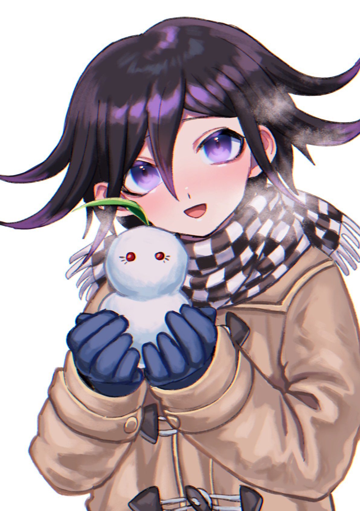 1boy :d ahoge alternate_costume black_hair blue_gloves blush brown_jacket checkered checkered_scarf coat dangan_ronpa_(series) dangan_ronpa_v3:_killing_harmony gloves hair_between_eyes highres holding jacket long_sleeves looking_at_viewer male_focus open_mouth ouma_kokichi purple_hair scarf short_hair simple_background smile snowman solo tei_(auntaso) upper_body violet_eyes white_background winter_clothes
