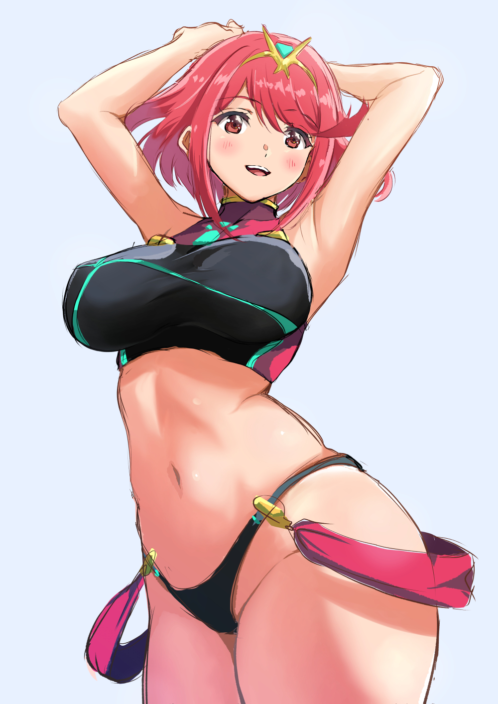 1girl armpits arms_up bare_shoulders belly blue_background blush breasts eyebrows eyebrows_visible_through_hair eyelashes highres jewelry large_breasts looking_at_viewer navel open_mouth panties pyra_(xenoblade) red_eyes redhead short_hair simple_background solo swimsuit teeth tongue underwear xenoblade_chronicles_(series) xenoblade_chronicles_2 yuuuun0218