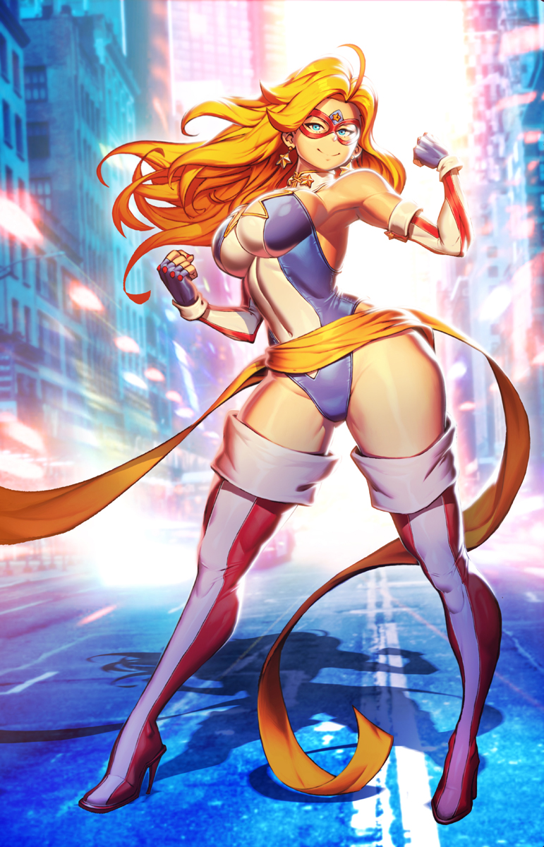1girl blonde_hair blue_eyes blue_gloves boots breasts city earrings elbow_gloves eye_mask fingerless_gloves full_body genzoman gloves high_heel_boots high_heels highleg highleg_leotard highres jewelry kamen_america kamen_america_(comic) large_breasts leotard long_hair looking_at_viewer navel outdoors road shadow smile solo standing star_(symbol) star_earrings street thigh-highs thigh_boots