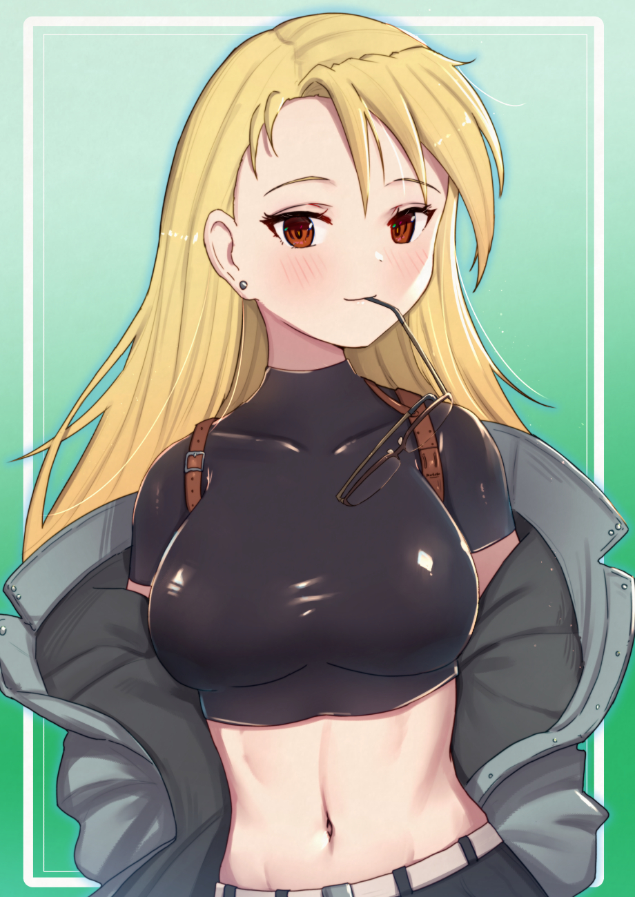 1girl bangs black-framed_eyewear black_shirt blonde_hair blush breasts brown_eyes closed_mouth commentary_request covered_collarbone crop_top earrings eyebrows_visible_through_hair eyewear_in_mouth eyewear_removed fullmetal_alchemist glasses green_background grey_jacket highres jacket jewelry long_hair medium_breasts midriff mouth_hold navel off_shoulder open_clothes open_jacket riza_hawkeye shirt short_sleeves smile solo stud_earrings uneg upper_body