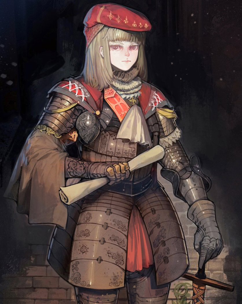 1girl armor armored_skirt bangs blonde_hair breastplate closed_mouth collar cravat elbow_pads faulds frilled_collar frills gauntlets grey_eyes hat hime_cut holding holding_scroll holding_sword holding_weapon long_hair looking_at_viewer metal original panda8581 scroll shoulder_armor solo spaulders sword weapon