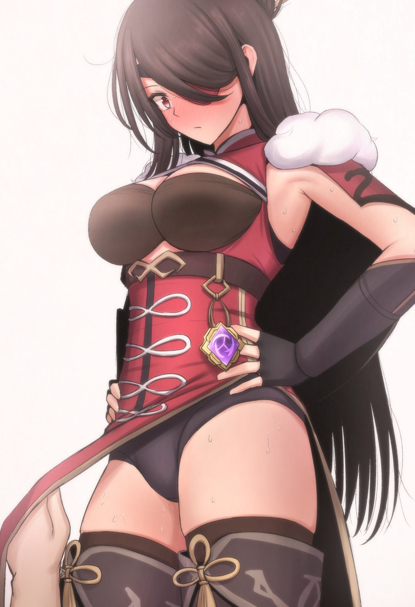 1boy 1girl armpits bangs beidou_(genshin_impact) black_gloves black_hair black_legwear black_leotard blush boots breasts closed_mouth clothes_lift commentary elbow_gloves embarrassed eyepatch fingerless_gloves fur_trim gem genshin_impact gloves hair_over_one_eye highres large_breasts leotard lifted_by_another looking_down mamerakkkkko pelvic_curtain pelvic_curtain_lift red_eyes simple_background solo_focus sweat tassel thigh-highs thigh_boots thighs vision_(genshin_impact) white_background