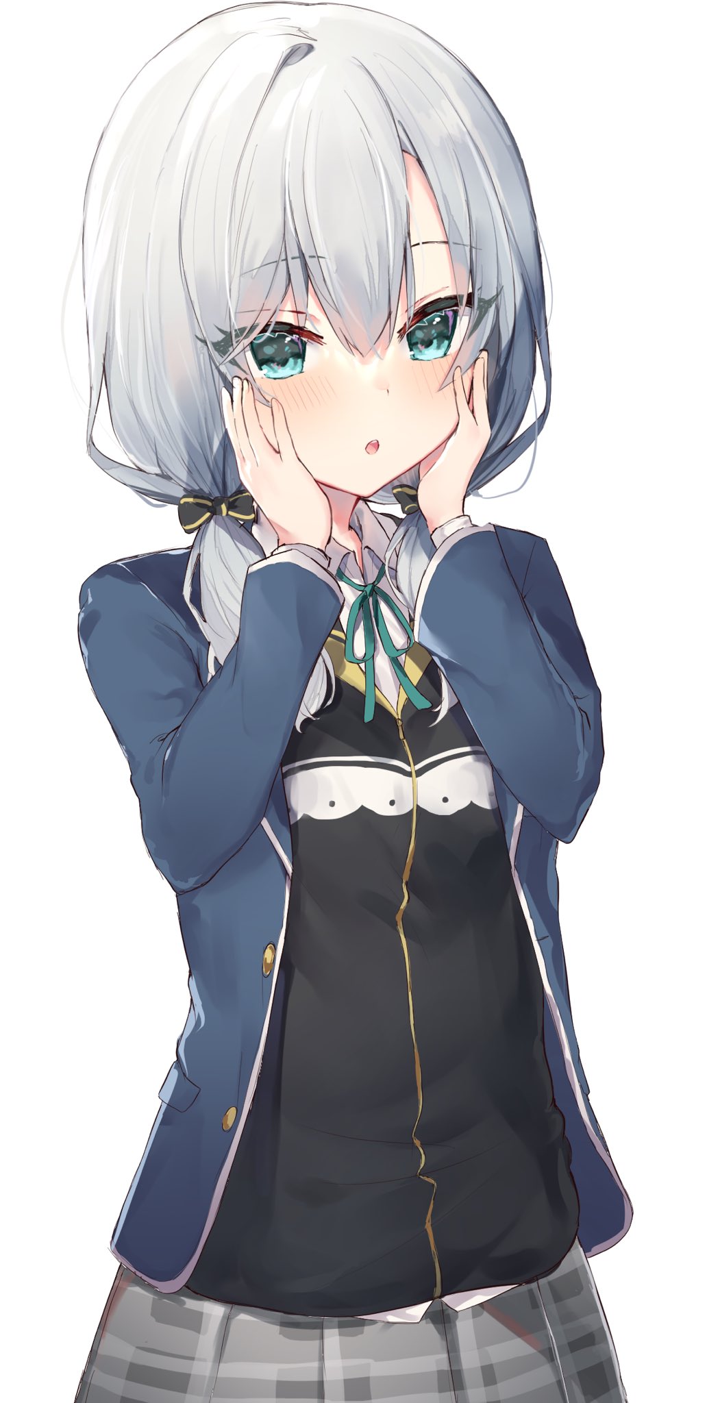 1girl alternate_costume ars_almal blue_eyes blush hair_between_eyes hair_ornament hair_ribbon hands_on_own_cheeks hands_on_own_face highres jacket looking_at_viewer nijisanji open_mouth ribbon school_uniform silver_hair simple_background solo virtual_youtuber warayanuko white_background